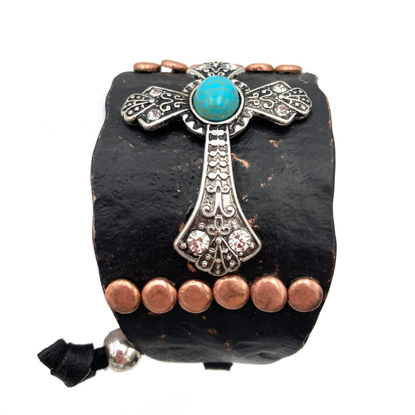 Cross Turquoise Silver Gold Patina Western Bracelet Cuff