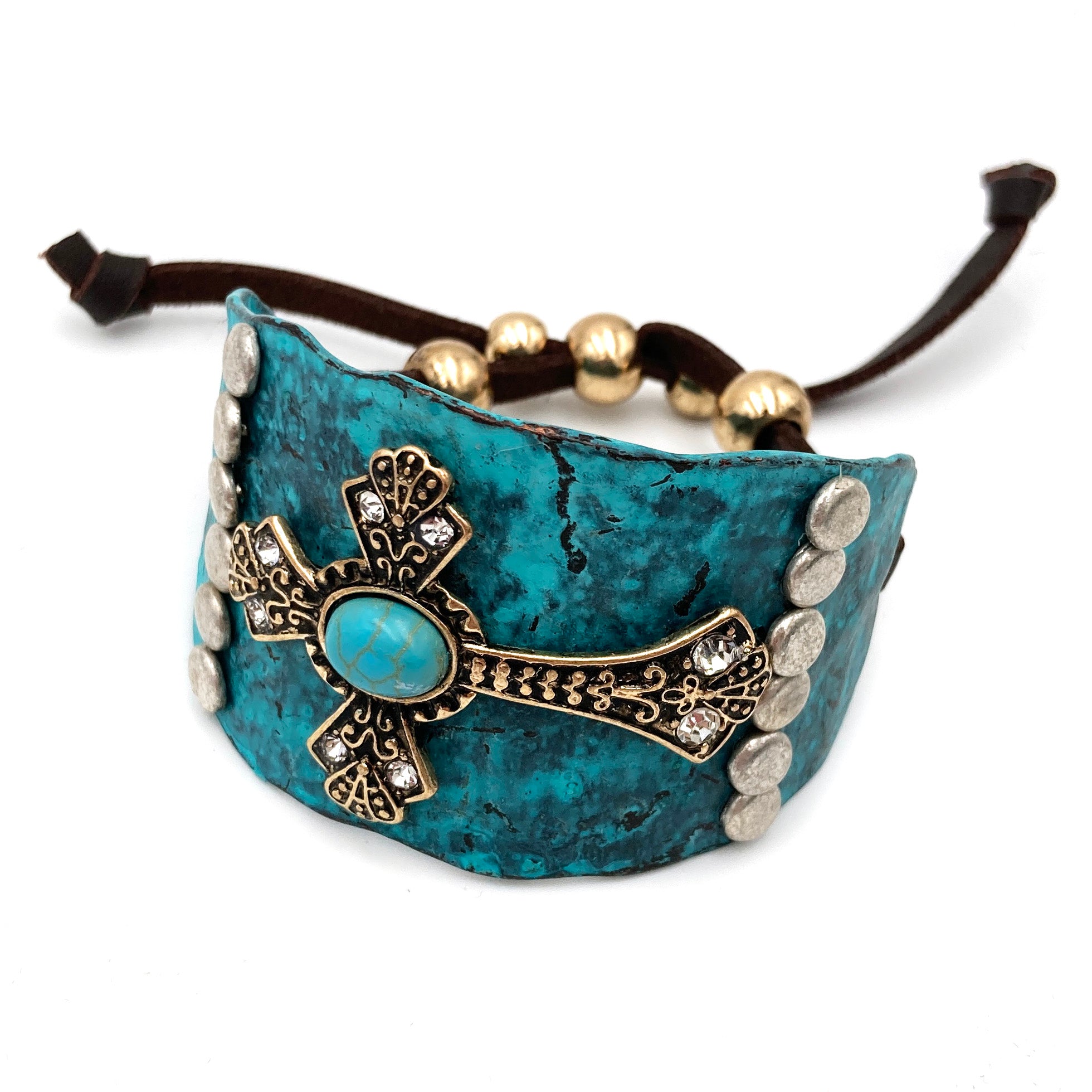 Cross Turquoise Silver Gold Patina Western Bracelet Cuff