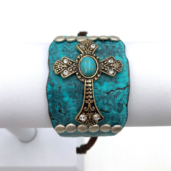 Cross Turquoise Silver Gold Patina Western Bracelet Cuff