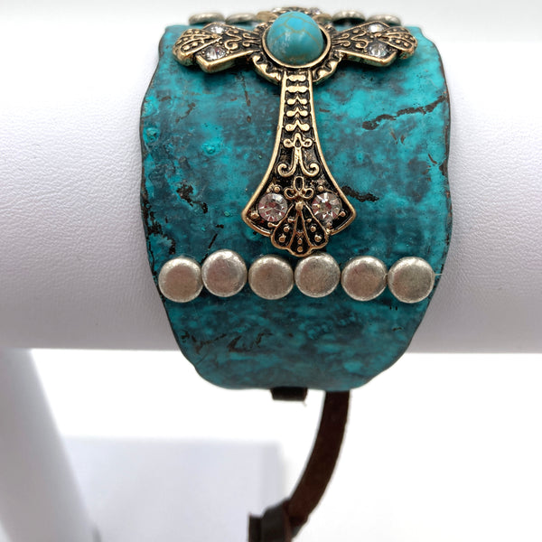 Cross Turquoise Silver Gold Patina Western Bracelet Cuff