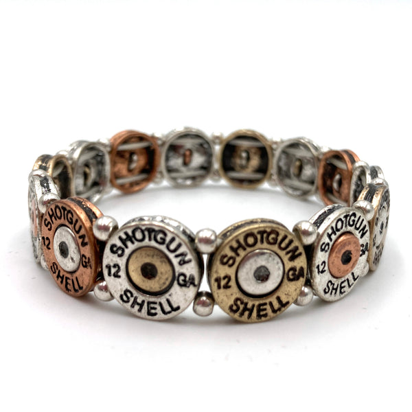 Tri Tone Metal Shotgun Shell Bullet Western Stretch Bracelet