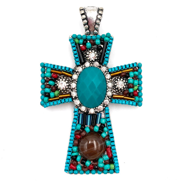 Beaded Turquoise Stone Rhinestone Cross Magnetic Pendant