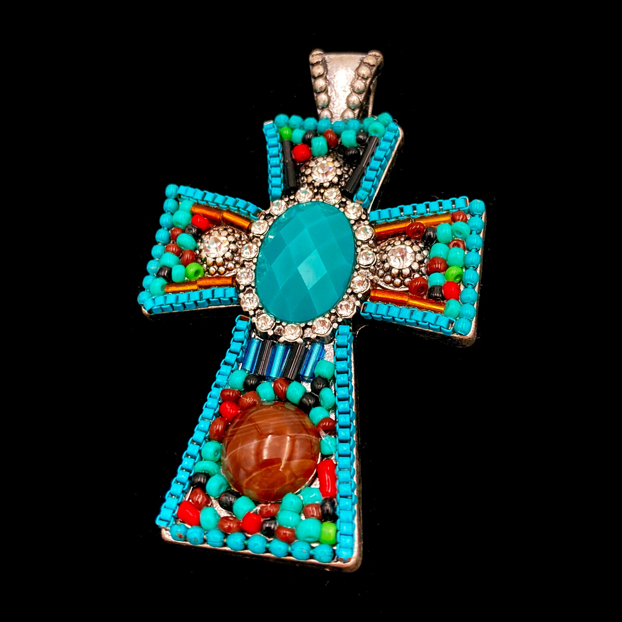 Beaded Turquoise Stone Rhinestone Cross Magnetic Pendant