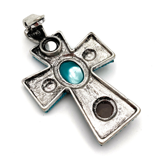 Beaded Turquoise Stone Rhinestone Cross Magnetic Pendant