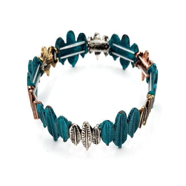 Patina Gold Silver Copper Feather Leaves Stretch Bracelet