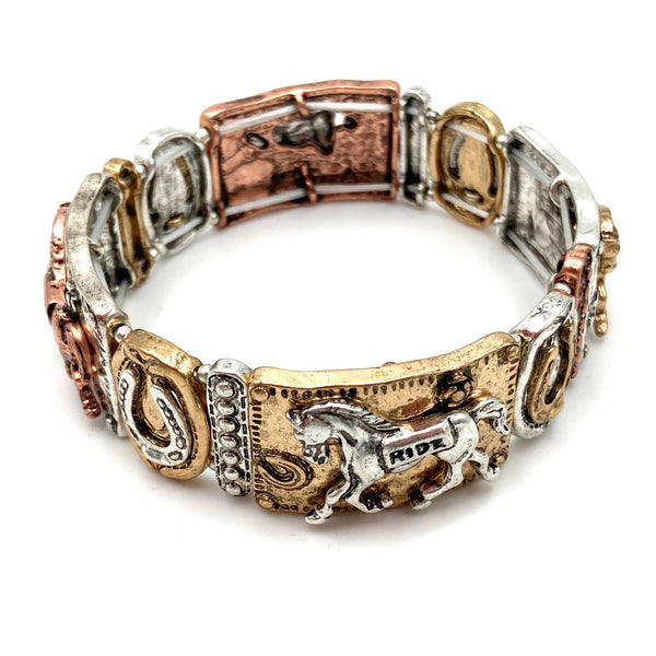 Horse Ride Horseshoe Metal Patina Western Stretch Bracelet