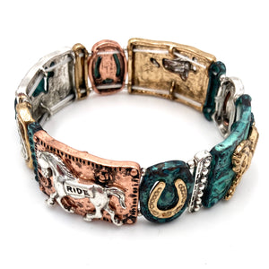 Horse Ride Horseshoe Metal Patina Western Stretch Bracelet