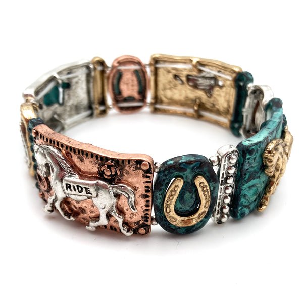 Horse Ride Horseshoe Metal Patina Western Stretch Bracelet