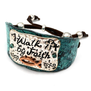 Walk by Faith Cross Fish Religious Patina Bracelet Cuff