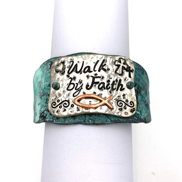 Walk by Faith Cross Fish Religious Patina Bracelet Cuff