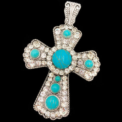 Jeweled Turquoise Stone Rhinestone Cross Magnetic Pendant