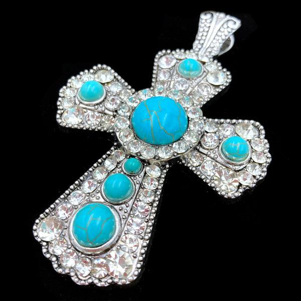 Jeweled Turquoise Stone Rhinestone Cross Magnetic Pendant