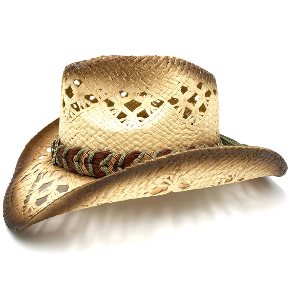 Summer Flower Braided Straw Cowboy Beige Beach Hat