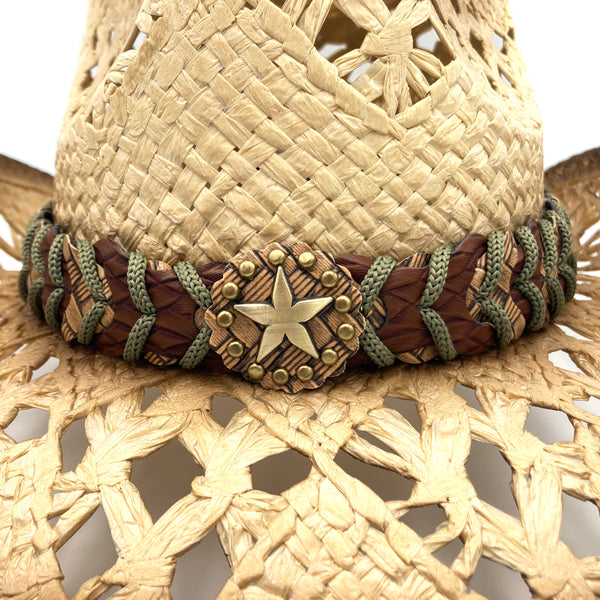 Summer Flower Braided Straw Cowboy Beige Beach Hat