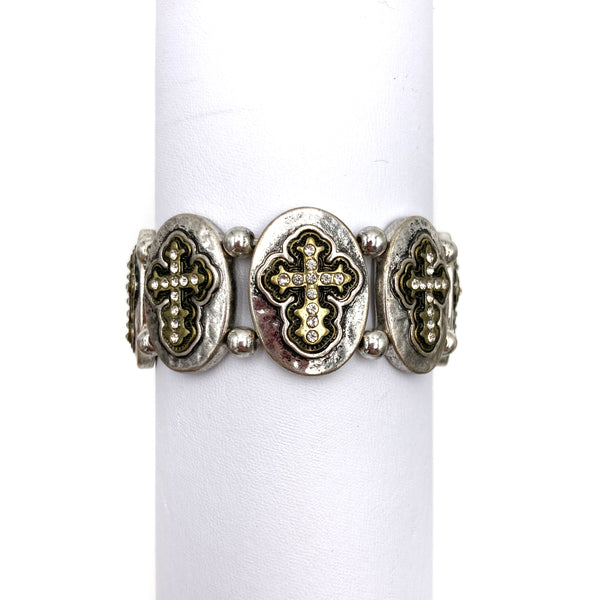 Western Cross with Rhinestones Silver Patina Stretch Bracelet