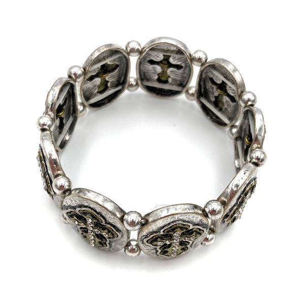 Western Cross with Rhinestones Silver Patina Stretch Bracelet