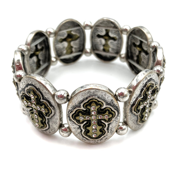 Western Cross with Rhinestones Silver Patina Stretch Bracelet