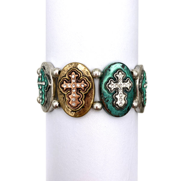 Western Cross with Rhinestones Silver Patina Stretch Bracelet