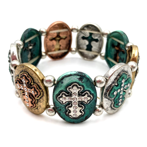 Western Cross with Rhinestones Silver Patina Stretch Bracelet