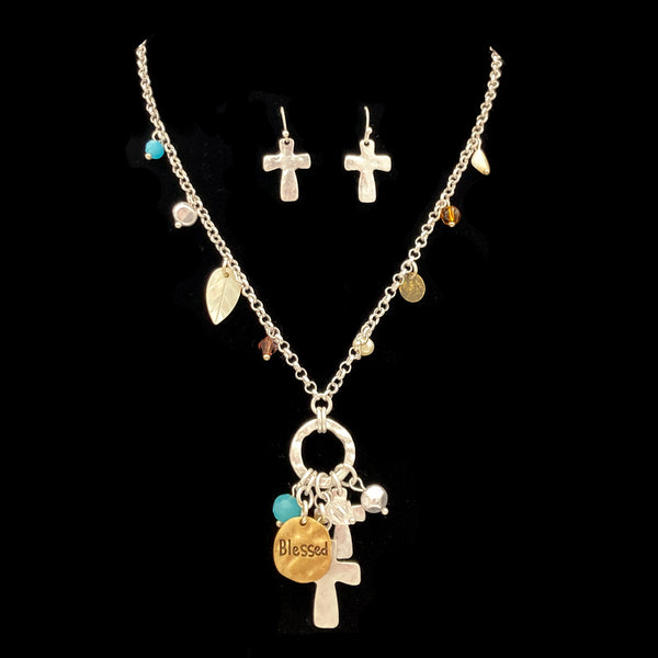 Blessed and Cross Charms Princess Necklace Earring Set