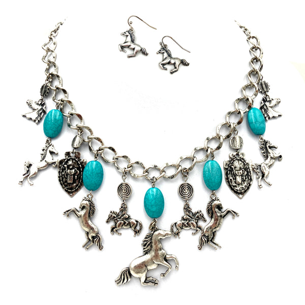 Horse Saddle Turquoise Pendant Necklace with Earrings