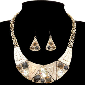 Silver Hammered Texture Colored Crystals Necklace Set