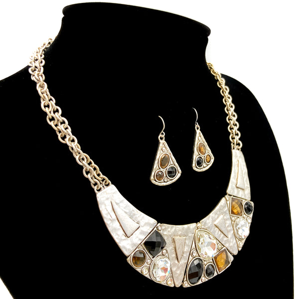 Silver Hammered Texture Colored Crystals Necklace Set