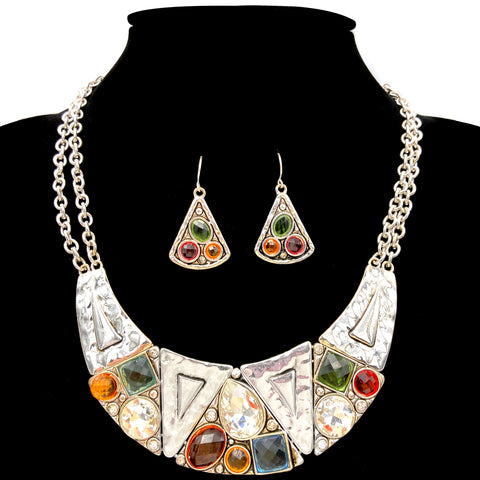 Silver Hammered Texture Colored Crystals Necklace Set