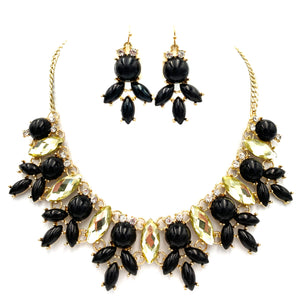 Black Pearl Floral Crystal Gold Necklace and Earrings