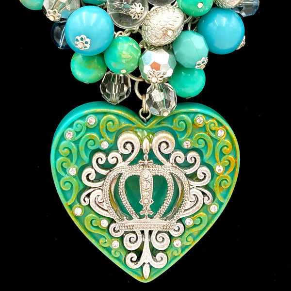 Turquoise Heart Crown Queen Chunky Bubble Necklace Set