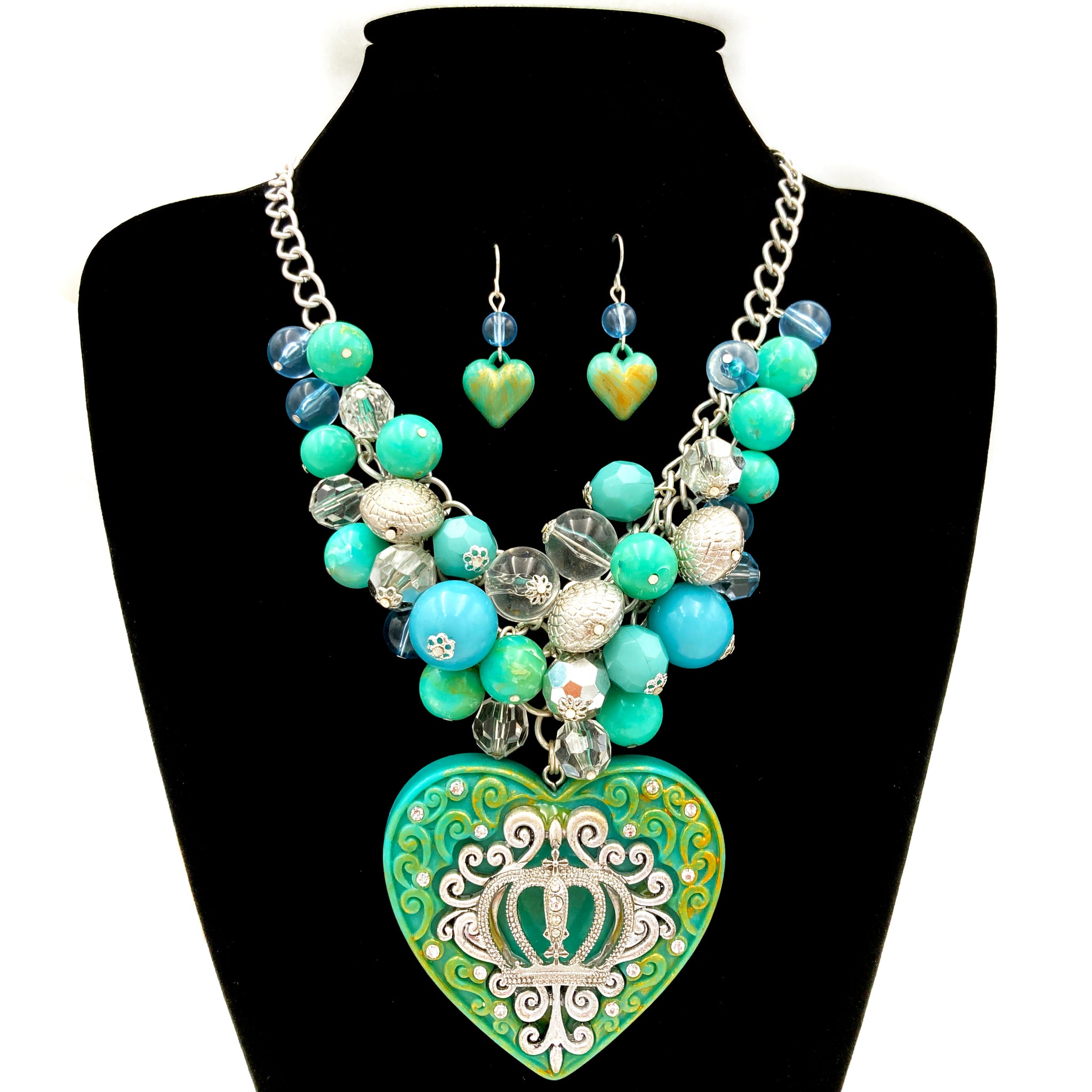 Turquoise Heart Crown Queen Chunky Bubble Necklace Set