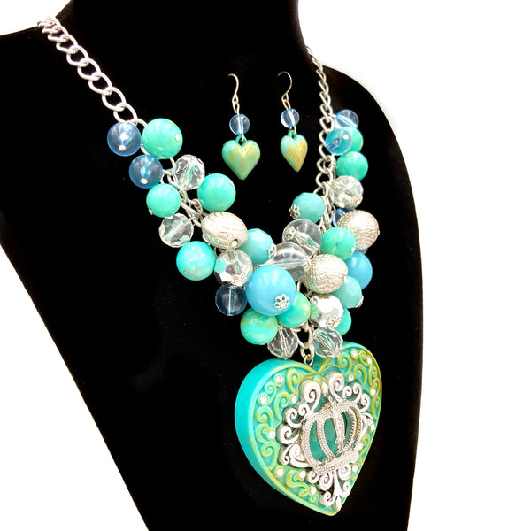 Turquoise Heart Crown Queen Chunky Bubble Necklace Set