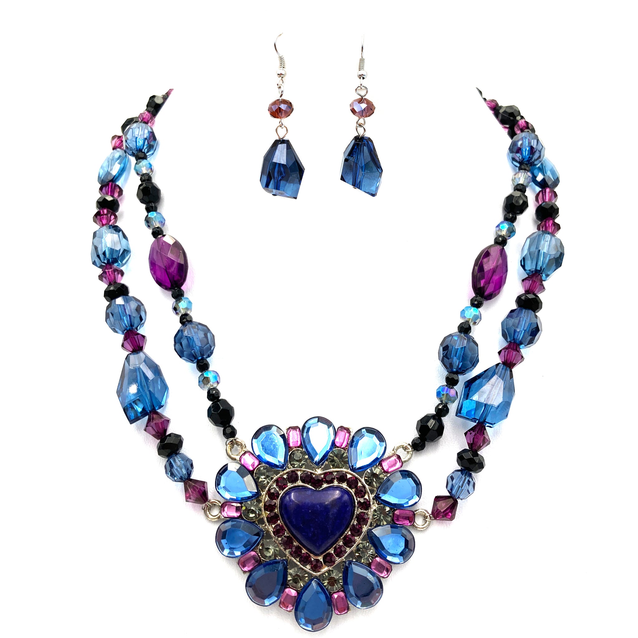 Purple Blue Crystal Stones Heart Necklace Set