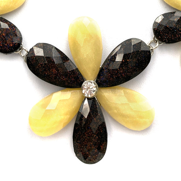 Yellow Brown Flower Petals Crystal Necklace and Earrings