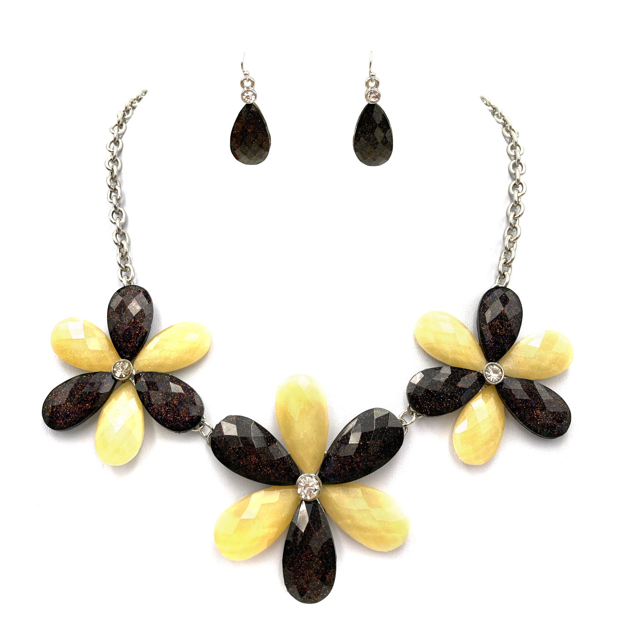 Yellow Brown Flower Petals Crystal Necklace and Earrings