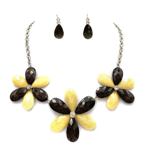 Yellow Brown Flower Petals Crystal Necklace and Earrings