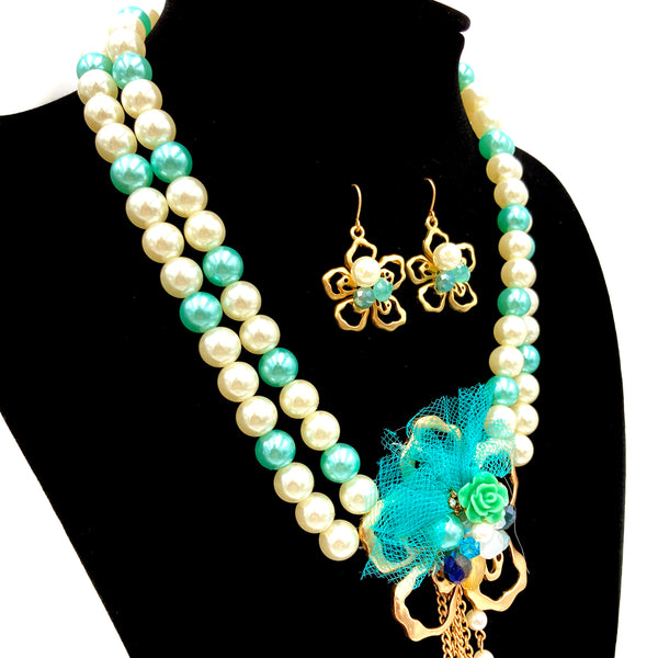 Pearl Flower Tassel Gold Necklace Earrings