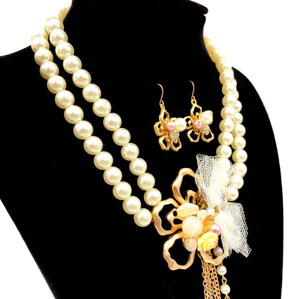 Pearl Flower Tassel Gold Necklace Earrings