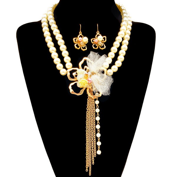 Pearl Flower Tassel Gold Necklace Earrings