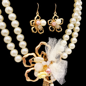 Pearl Flower Tassel Gold Necklace Earrings