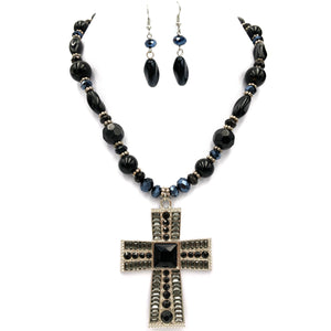 Stone Beads Cross Necklace with Earrings