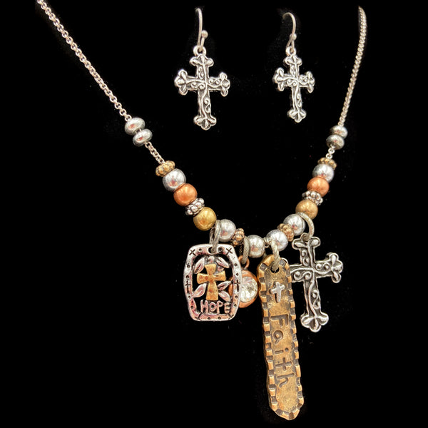 Cross Faith Hope Western Vintage Necklace Earrings