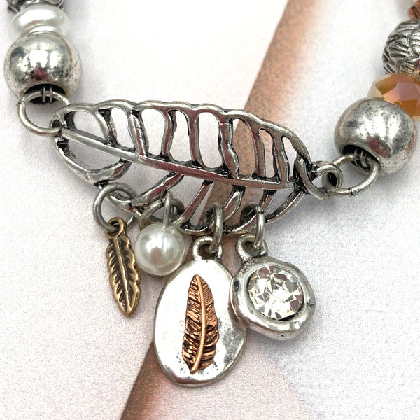 Leaf and Feather Charms Vintage Healing Stretch Bracelet