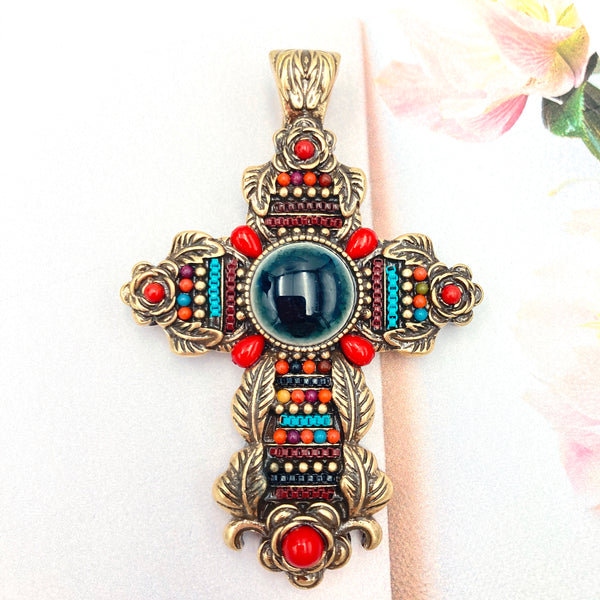 Black Gold Beaded Stone Rhinestone Cross Magnetic Pendant