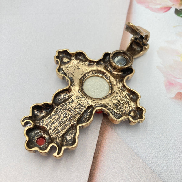 Black Gold Beaded Stone Rhinestone Cross Magnetic Pendant