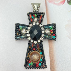 Black Multicolor Beaded Stone Rhinestone Cross Magnetic Pendant