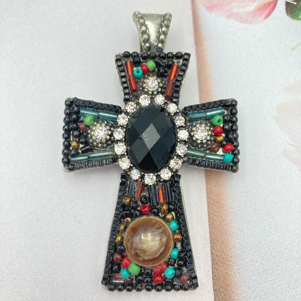 Black Multicolor Beaded Stone Rhinestone Cross Magnetic Pendant