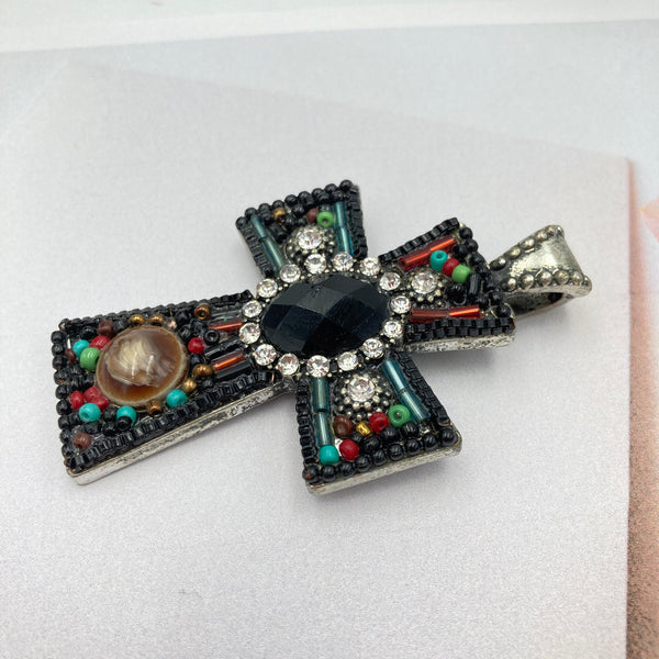 Black Multicolor Beaded Stone Rhinestone Cross Magnetic Pendant