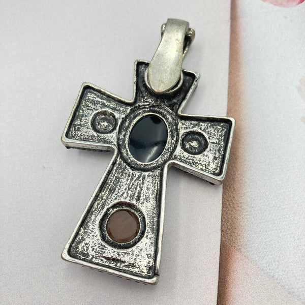 Black Multicolor Beaded Stone Rhinestone Cross Magnetic Pendant