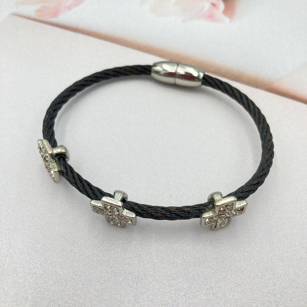 Three Rhinestone Crosses Black Magnetic Closure Bracelet